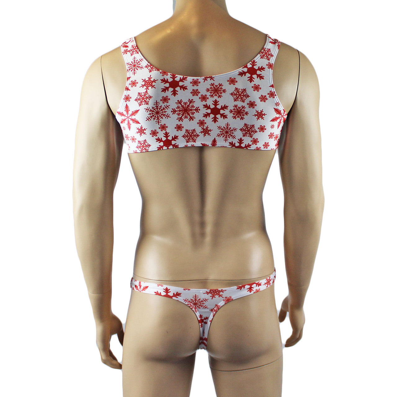 Mens Lingerie Snowflake Bra Top & Low Cut Thong White and Red