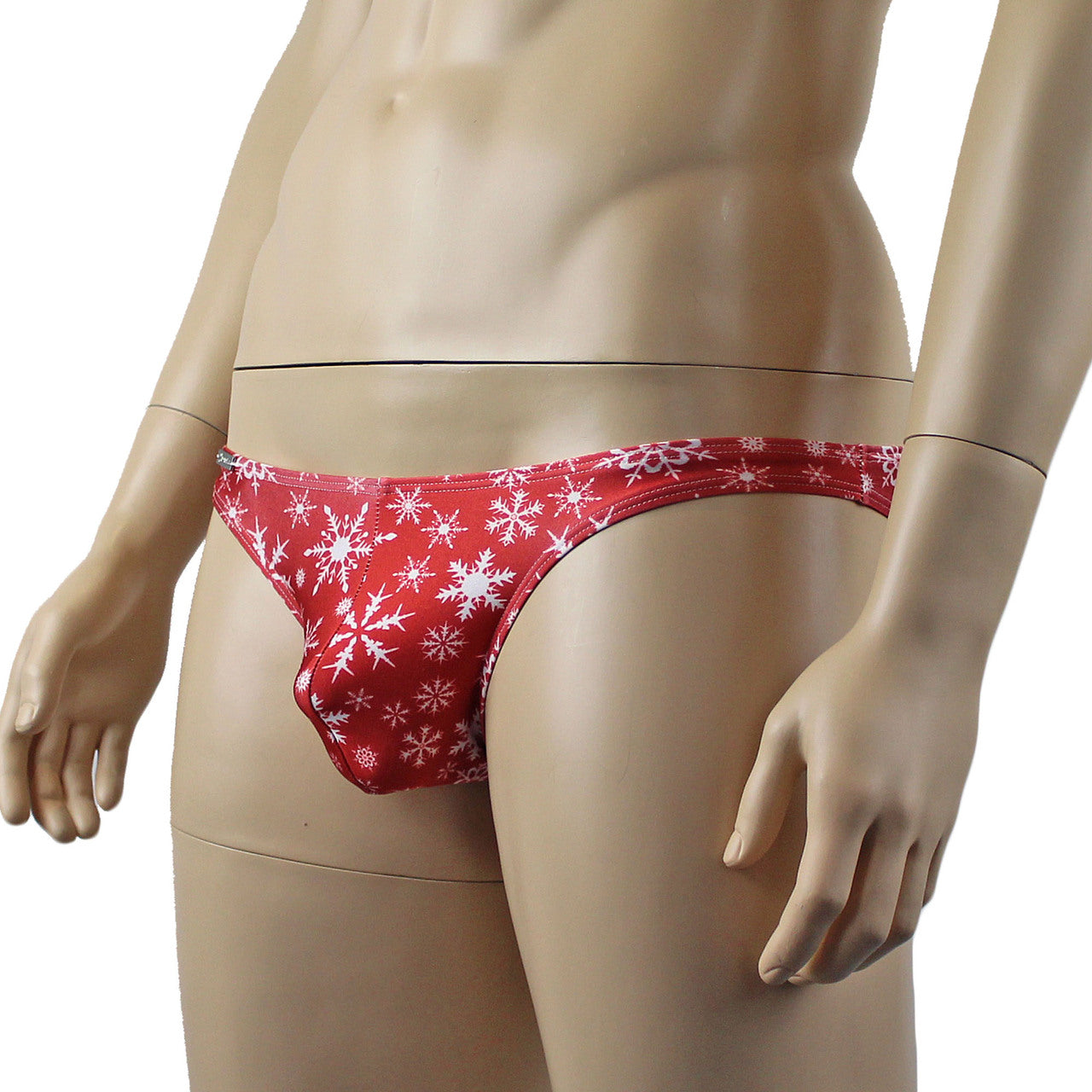 Mens Snowflake Print Spandex Low Cut Brief with Sexy Back Red and White