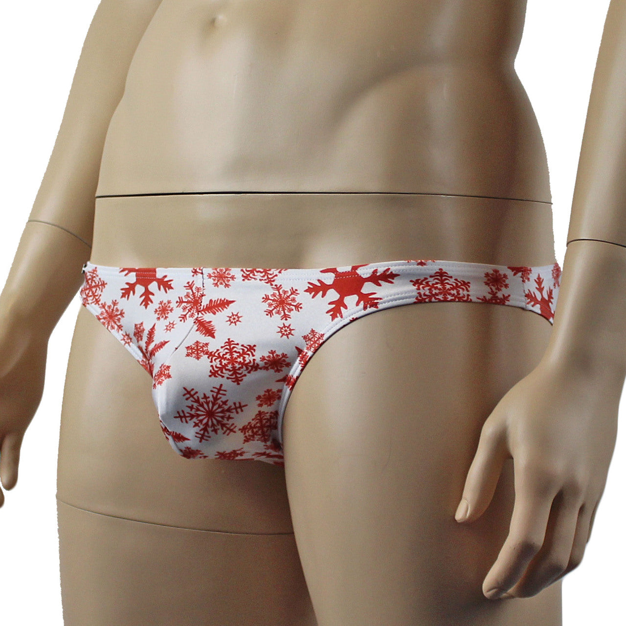 Mens Snowflake Print Spandex Low Cut Brief with Sexy Back White and Red