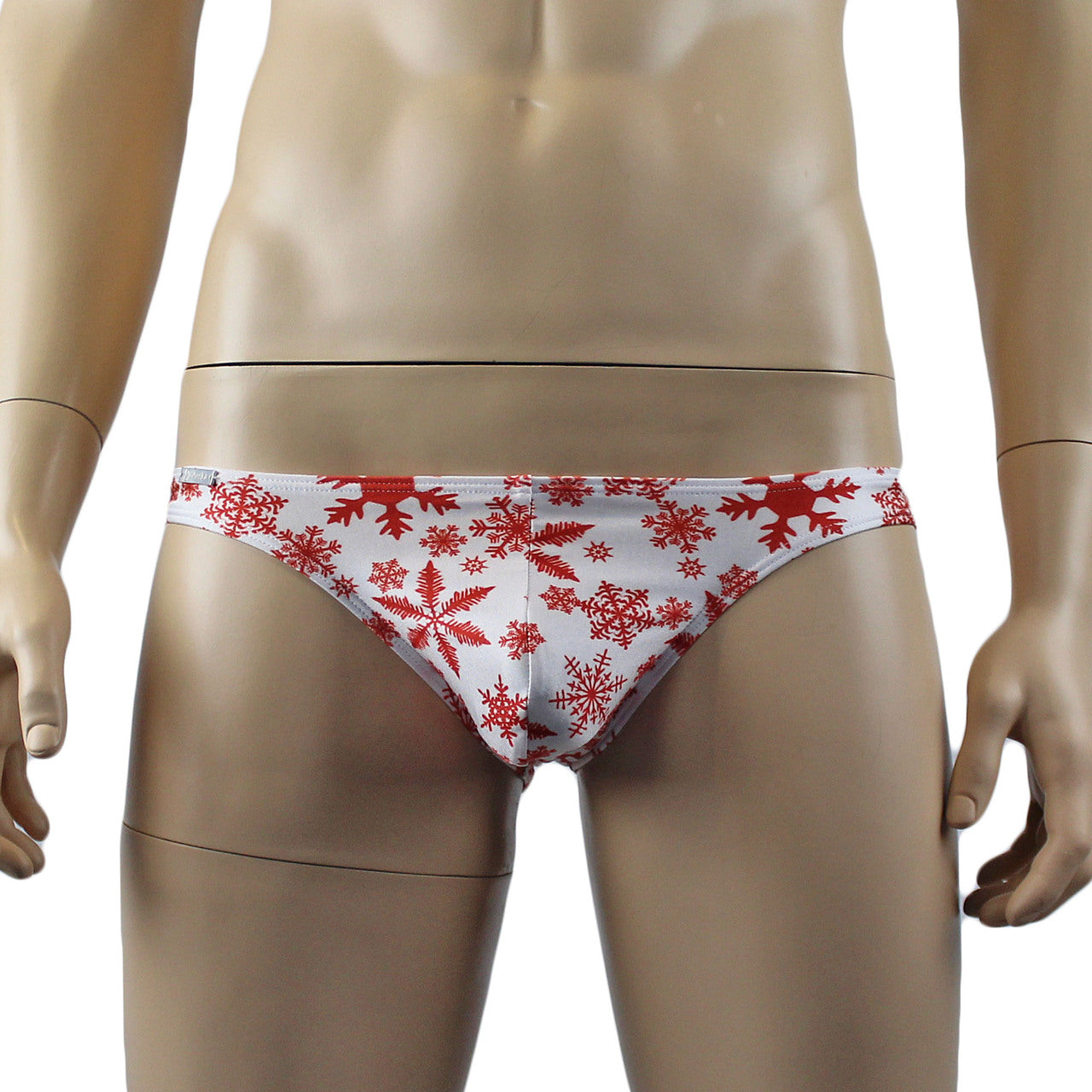 Mens Snowflake Print Spandex Low Cut Brief with Sexy Back White and Red