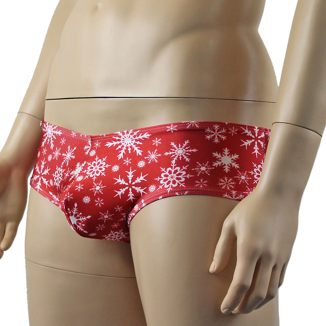 Mens Snowflake Print Spandex Low Cut Boxer Brief Red and White