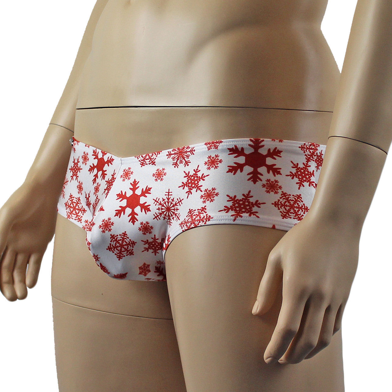 Mens Snowflake Print Spandex Low Cut Boxer Brief White and Red