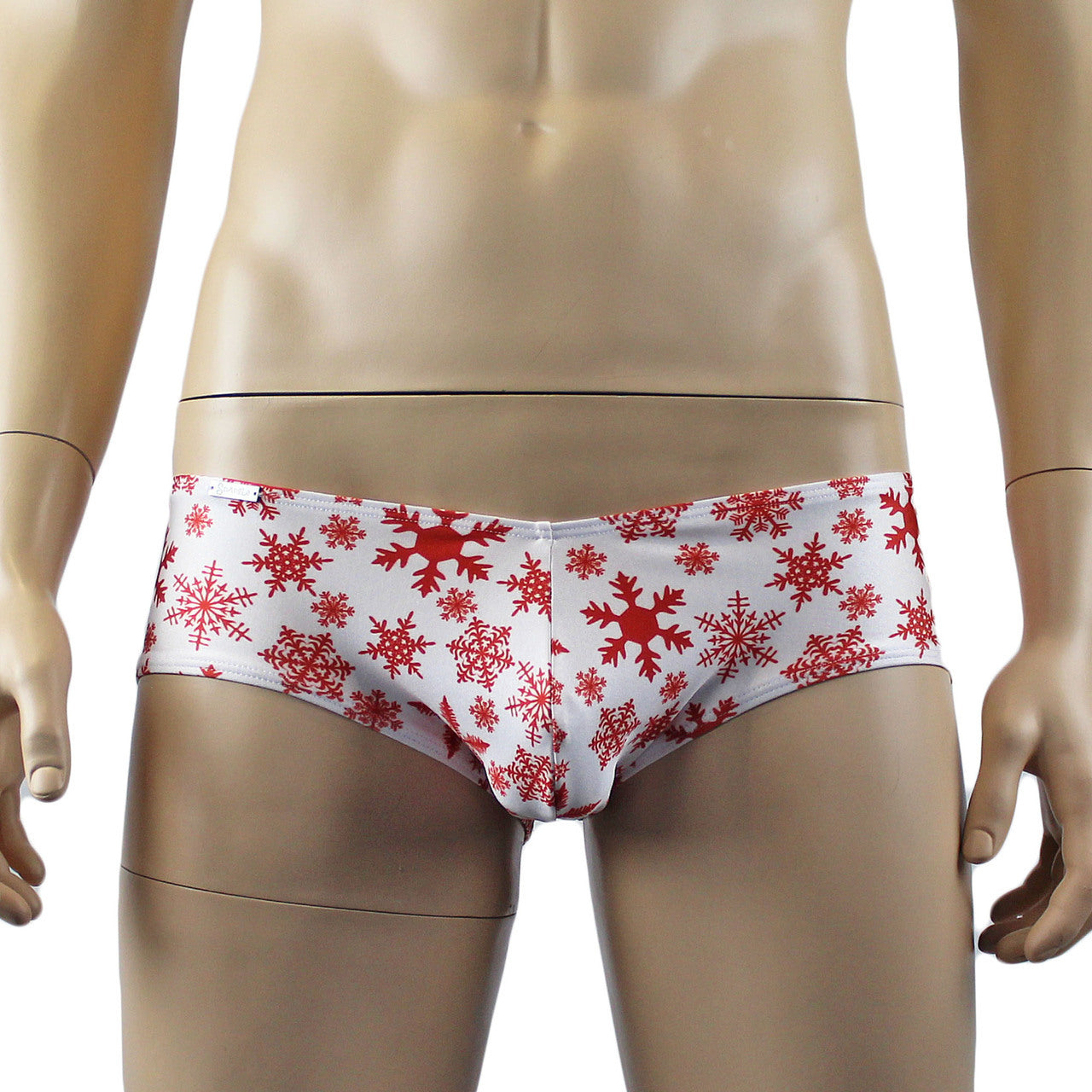 Mens Snowflake Print Spandex Low Cut Boxer Brief White and Red