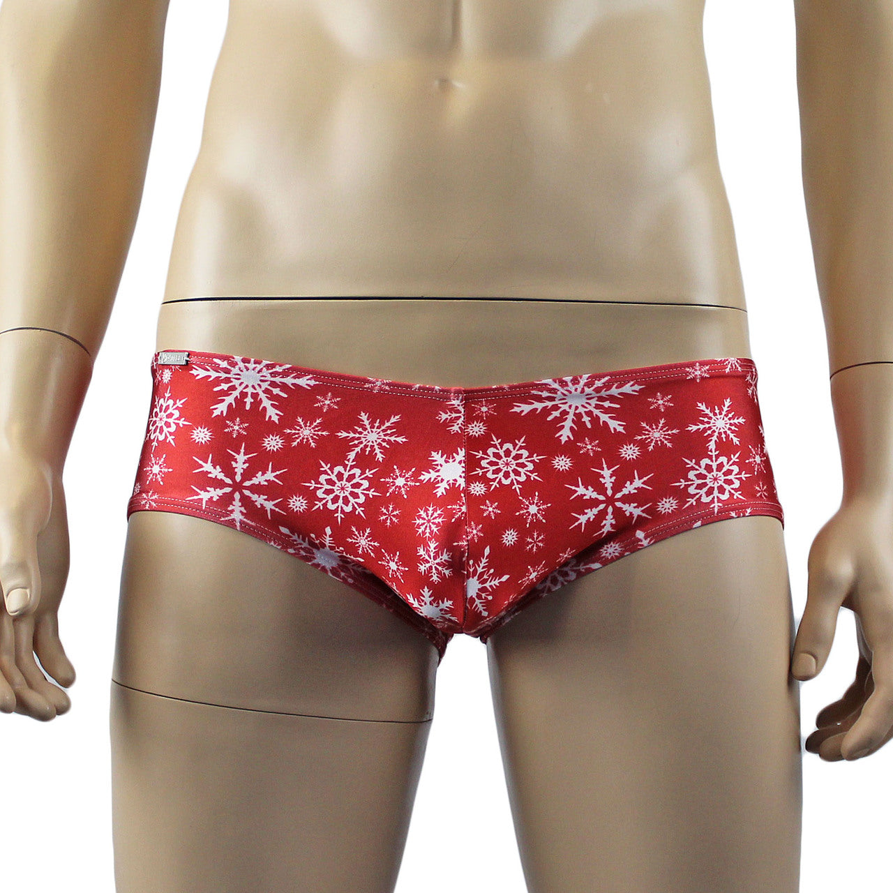 Mens Snowflake Print Spandex Low Cut Boxer Brief Red and White