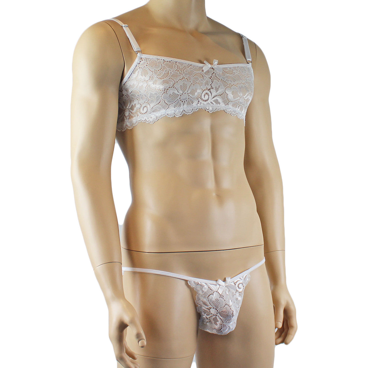 Mens Scalloped Shiny Lace Bra Top and Panty (white plus other colours)