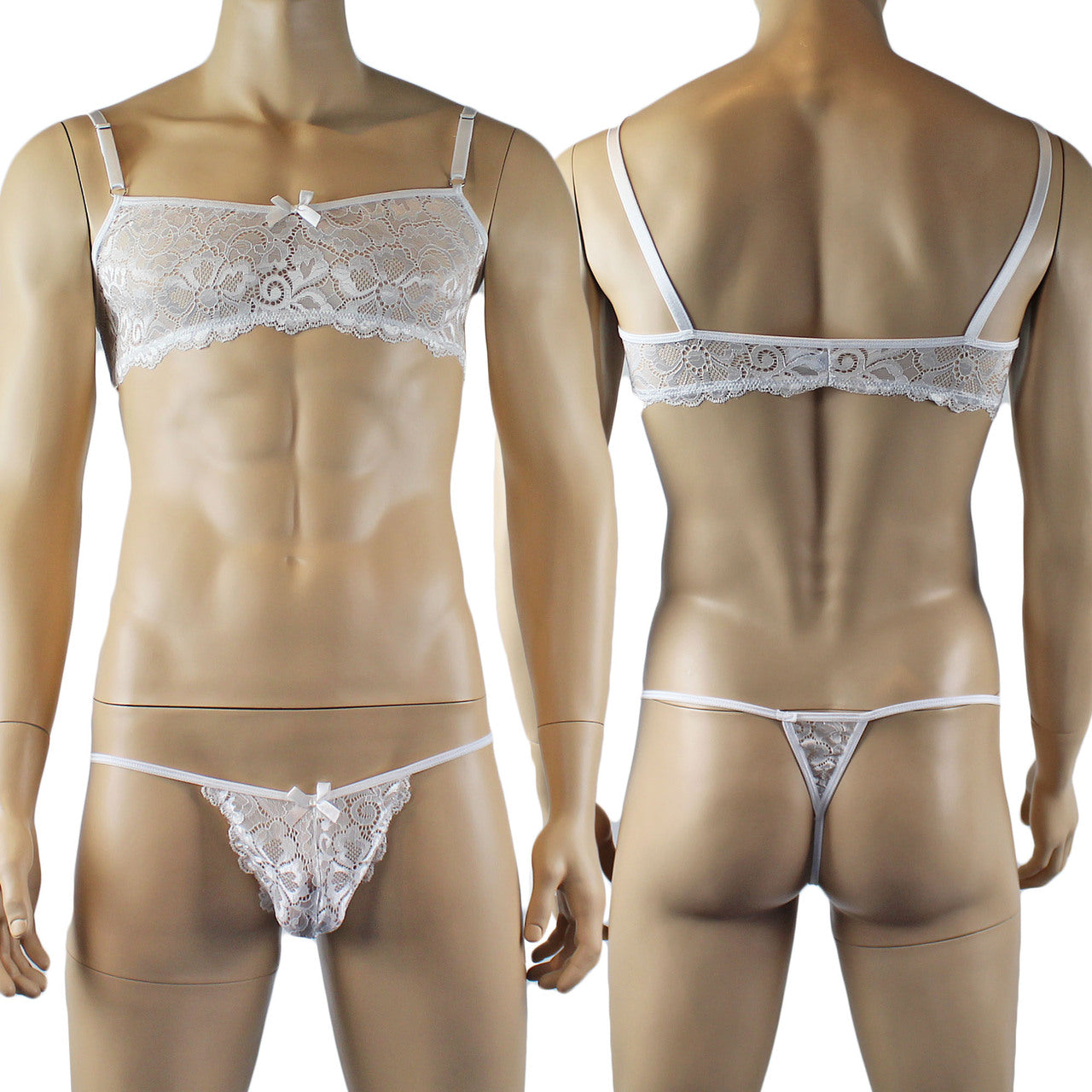 Mens Scalloped Shiny Lace Bra Top and G string (white plus other colours)