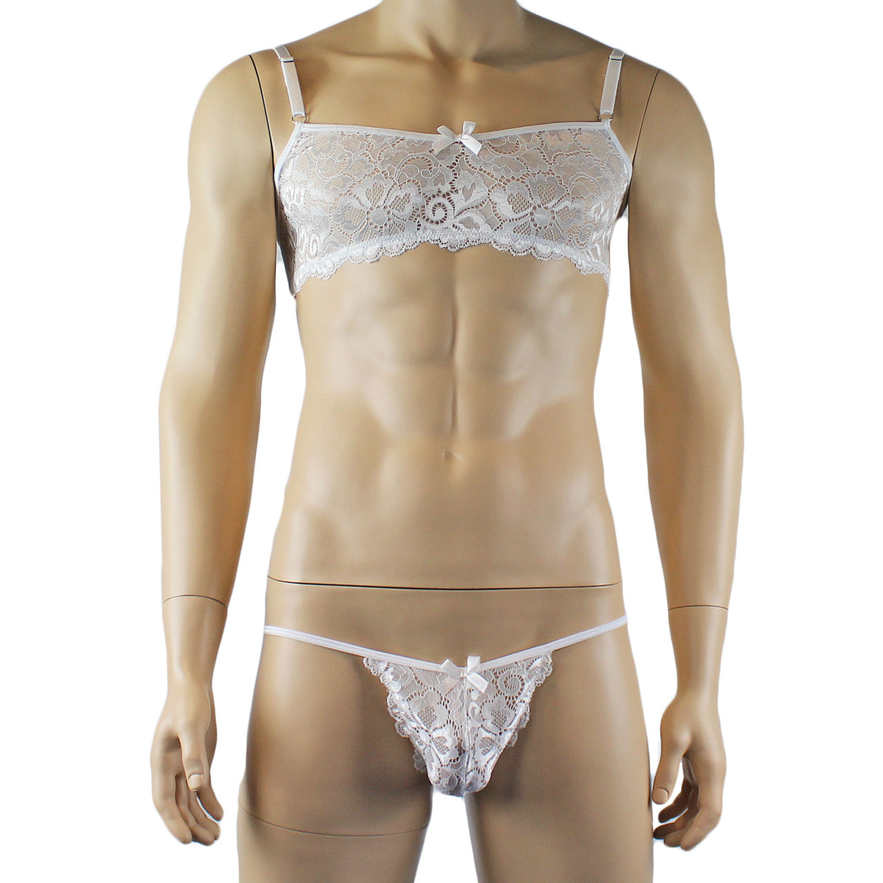 Mens Scalloped Shiny Lace Bra Top and G string (white plus other colours)