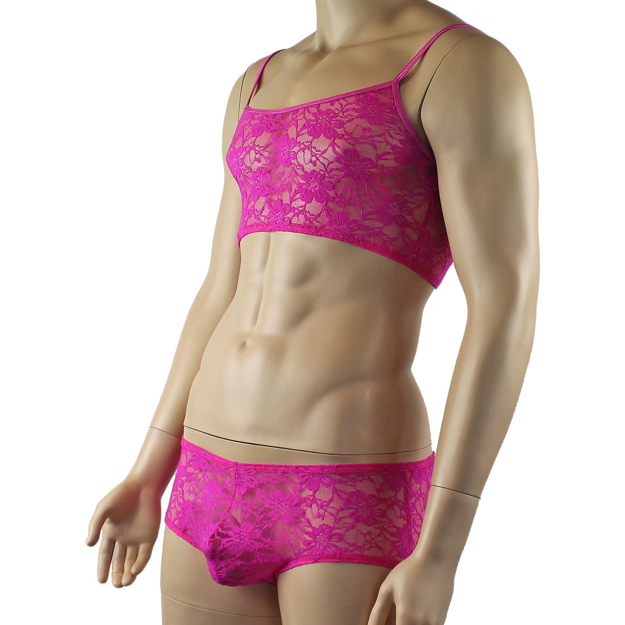 Mens Lace Crop Bra Top Camisole and Male Lingerie Panty Briefs (neon pink plus other colours)