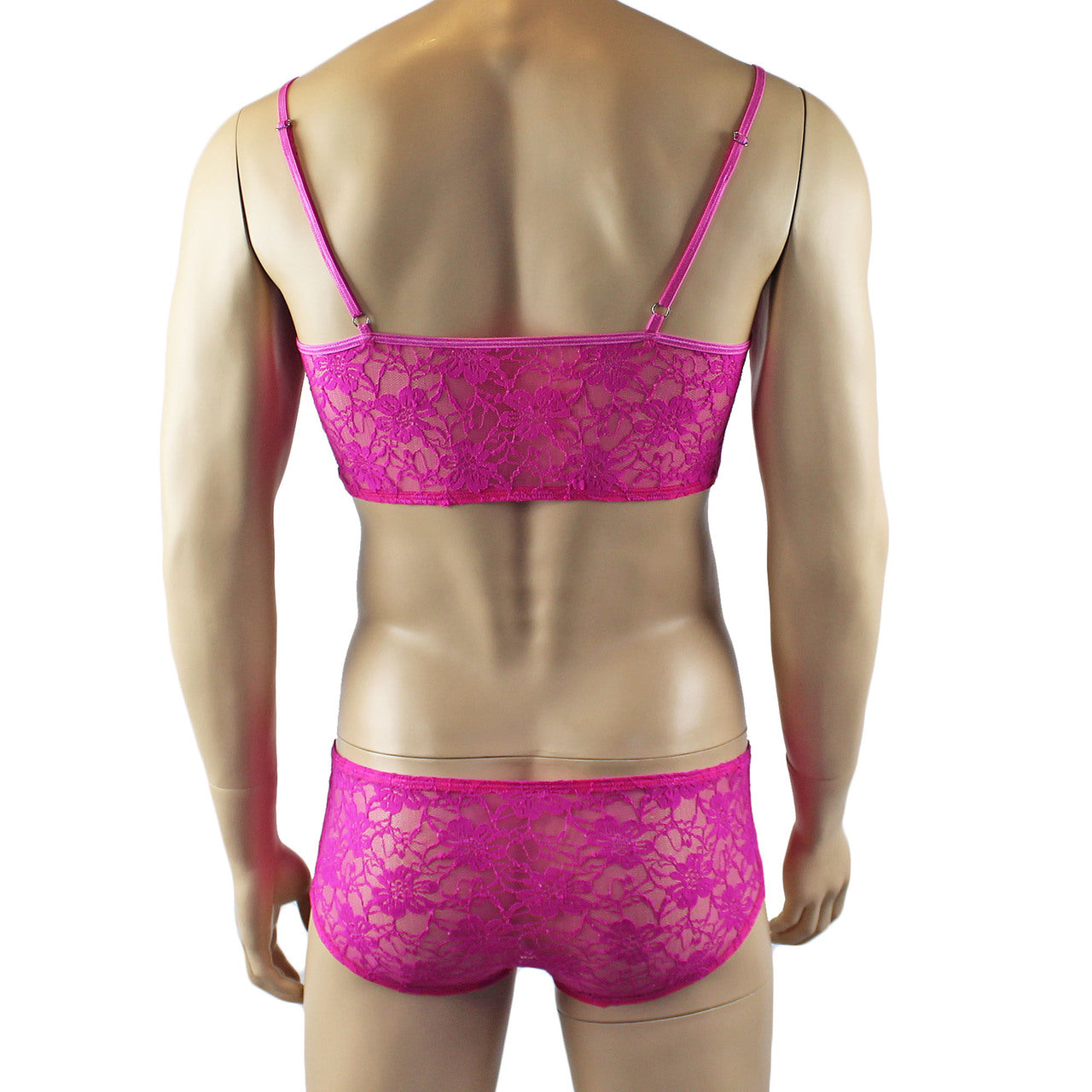 Mens Lace Crop Bra Top Camisole and Male Lingerie Panty Briefs (neon pink plus other colours)