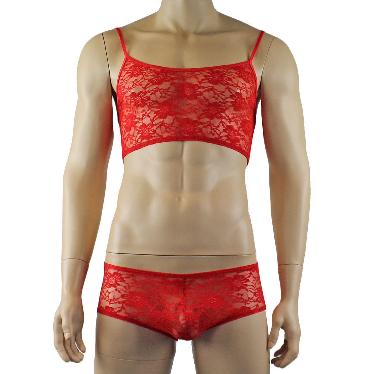 Mens Lace Crop Bra Top Camisole and Male Lingerie Panty Briefs (red plus other colours)