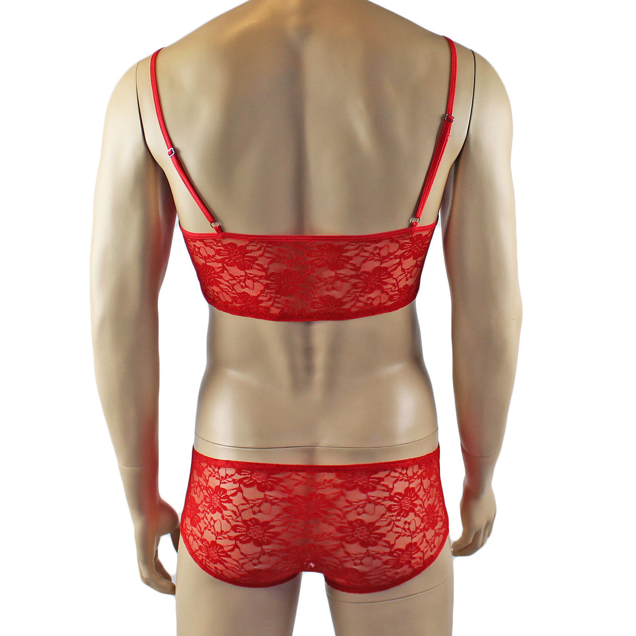 Mens Lace Crop Bra Top Camisole and Male Lingerie Panty Briefs (red plus other colours)