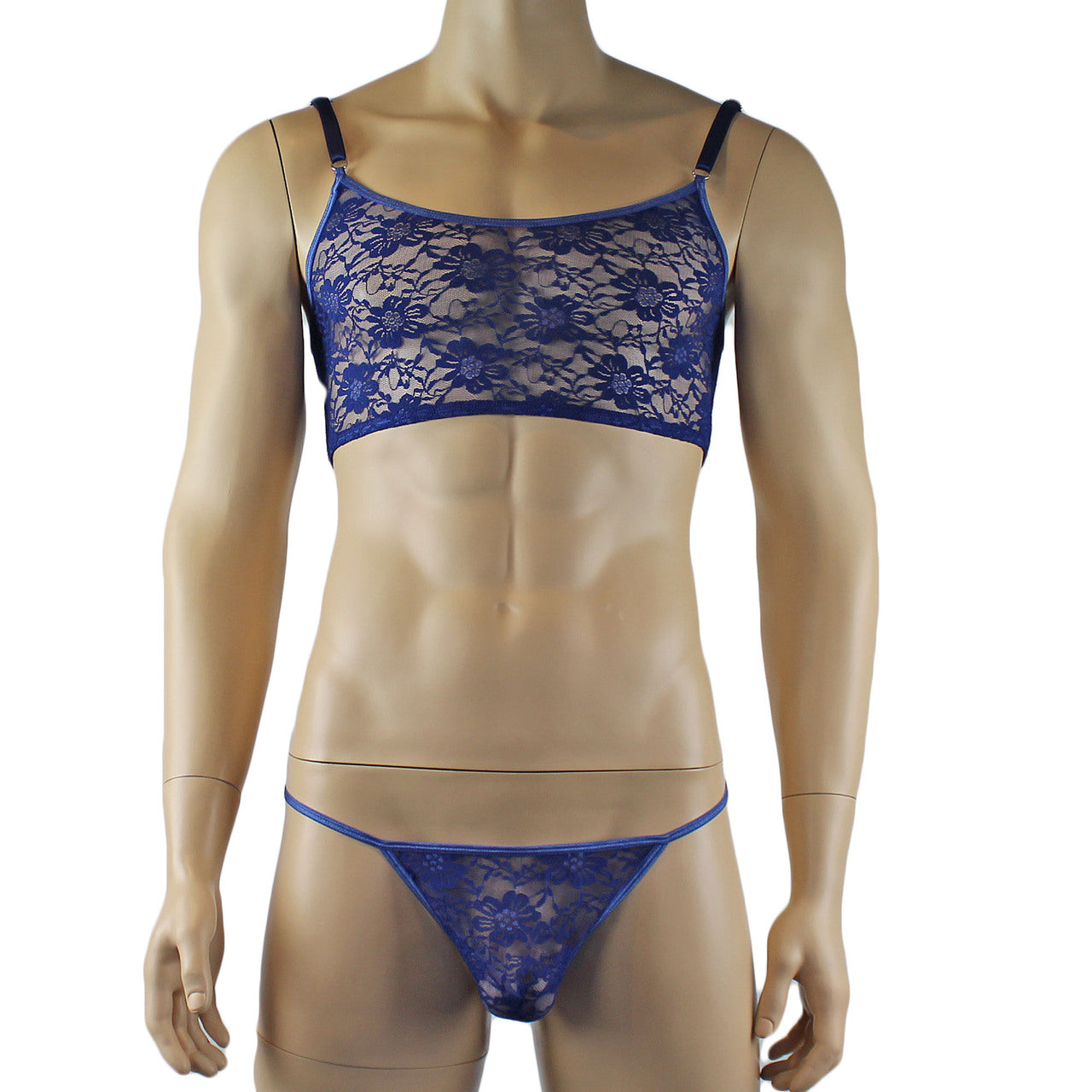 Mens Lace Crop Bra Top Camisole and G string Male Lingerie (navy plus other colours)