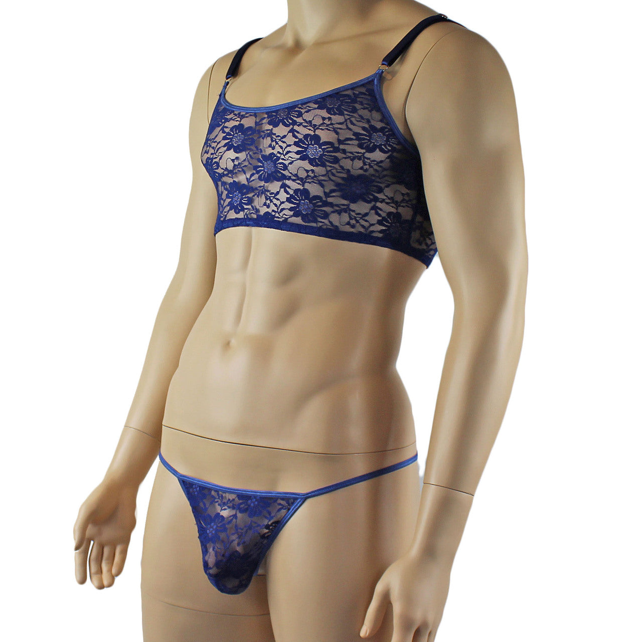 Mens Lace Crop Bra Top Camisole and G string Male Lingerie (navy plus other colours)