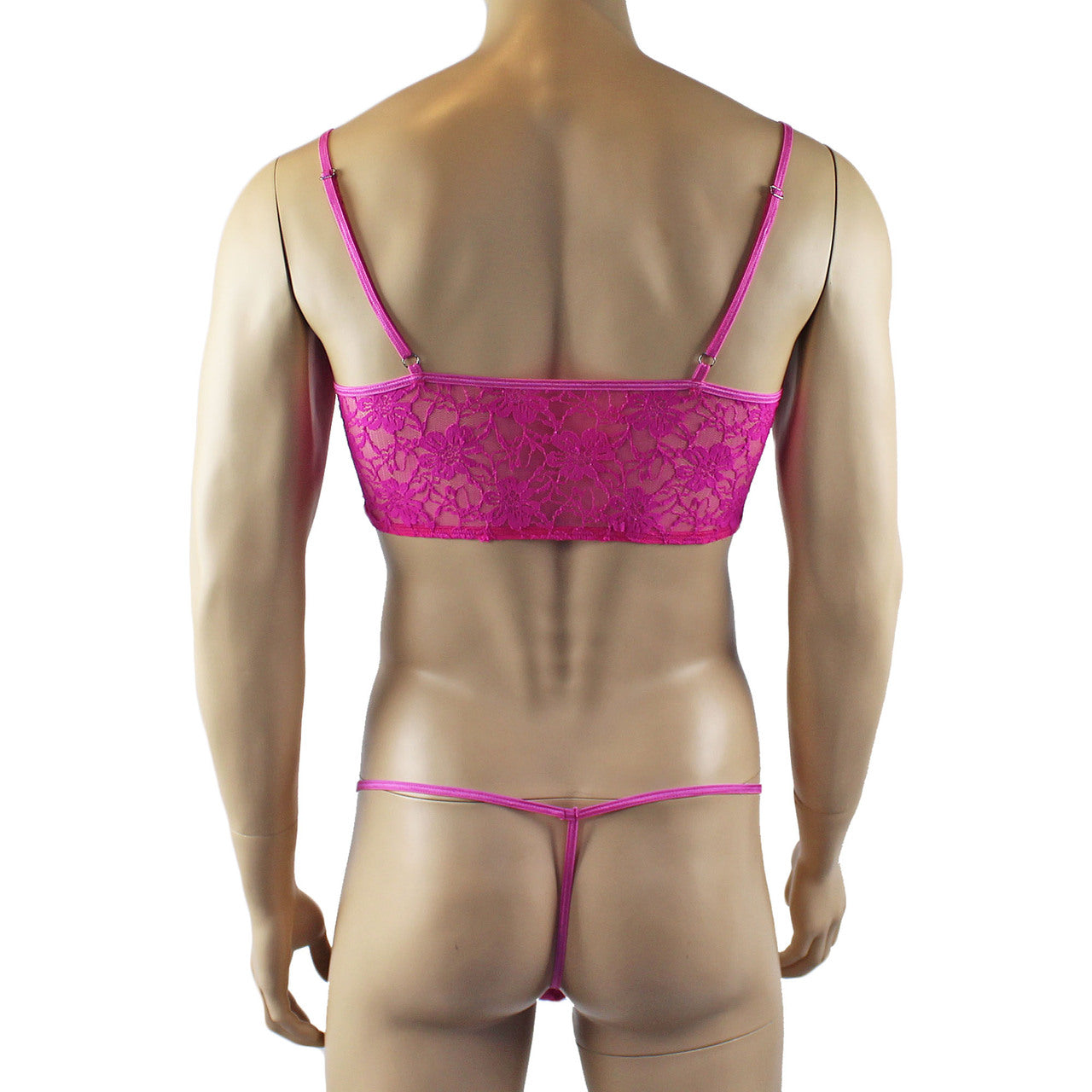 Mens Lace Crop Bra Top Camisole and G string Male Lingerie (neon pink plus other colours)