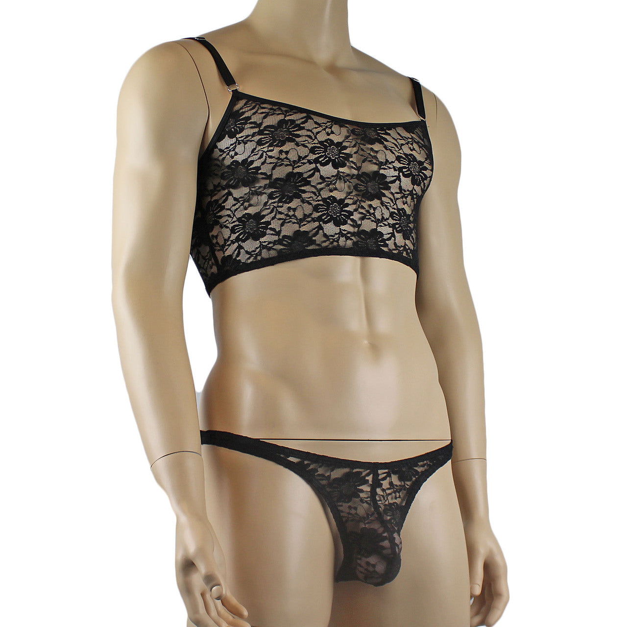 Mens Lace Crop Top Bra and Matching Lace Thong (black plus other colours)