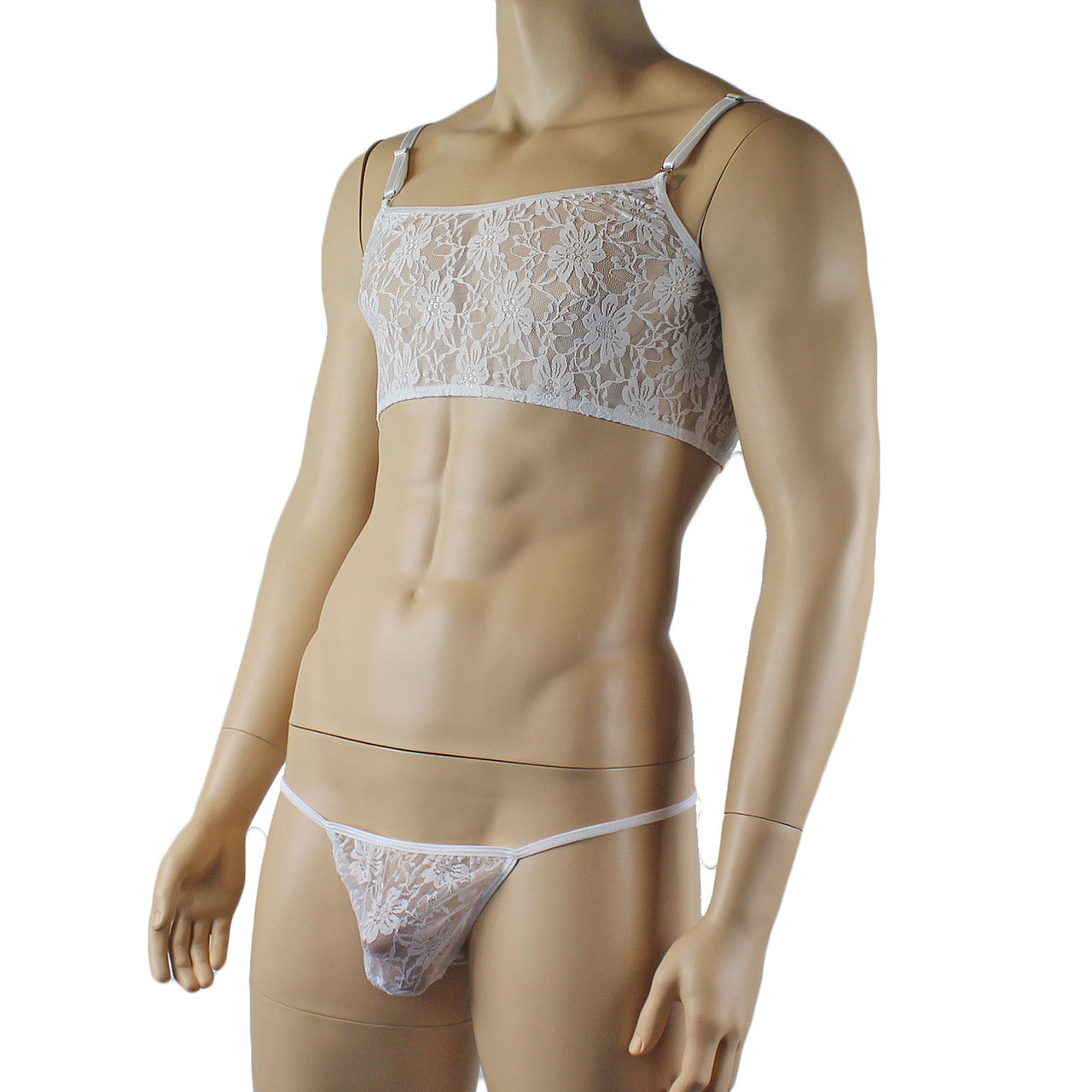 Mens Lace Crop Bra Top Camisole and Male Lingerie G string White