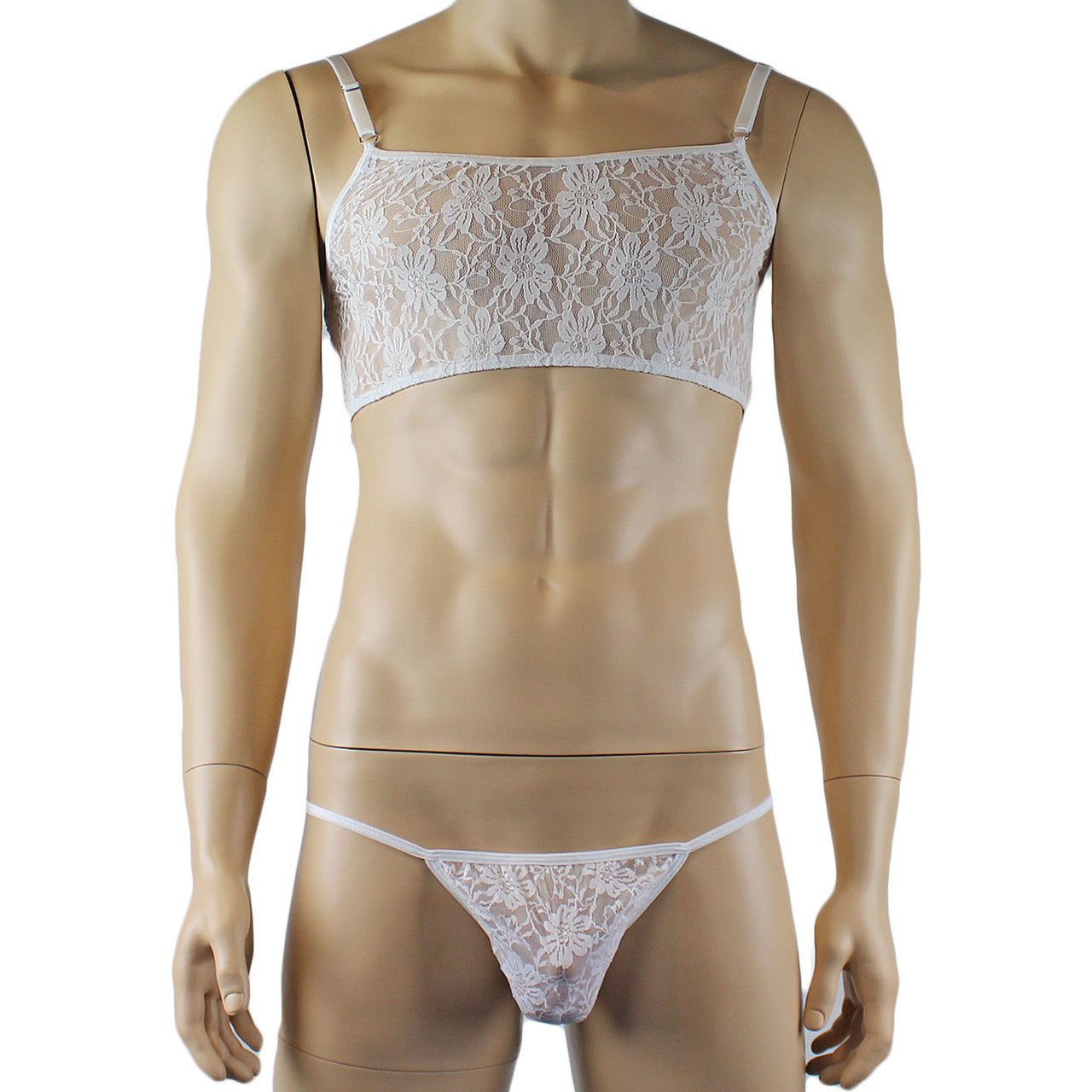 Mens Lace Crop Bra Top Camisole and Male Lingerie G string White