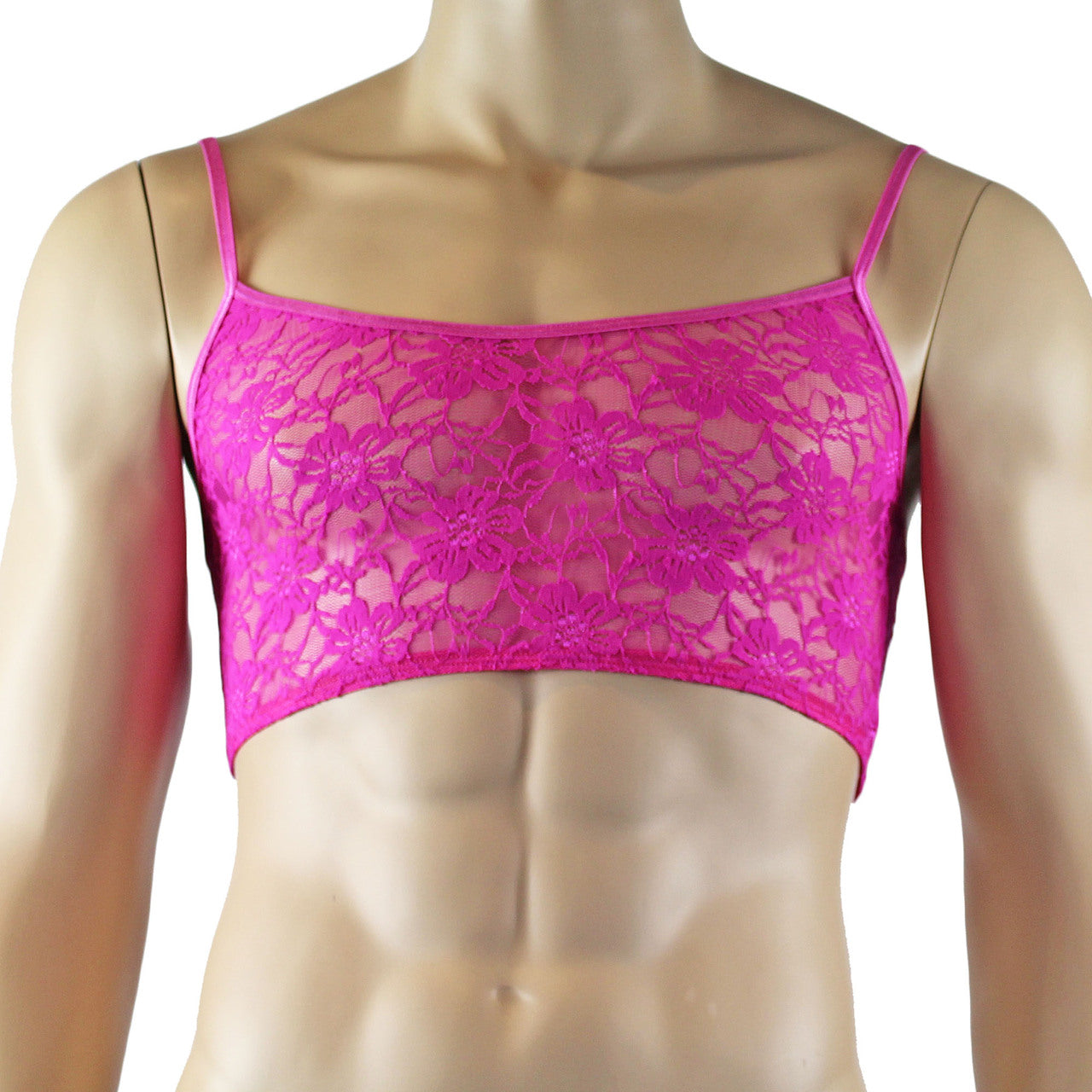 Mens Lace Crop Bra Top Camisole and Male Lingerie Panty Briefs (neon pink plus other colours)