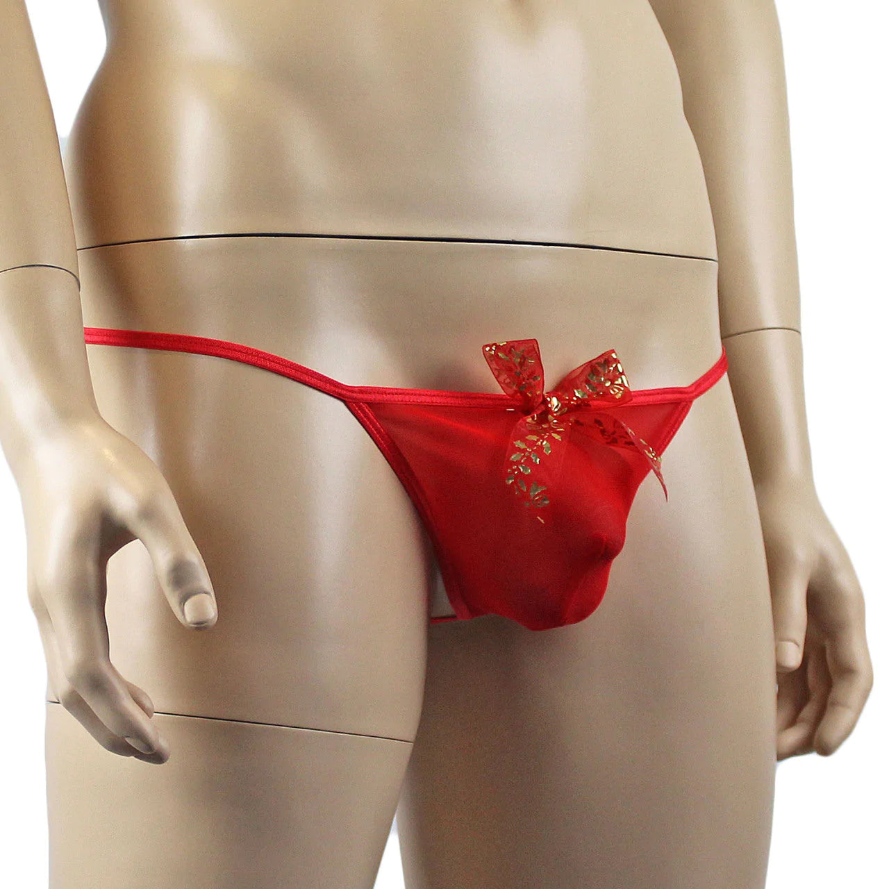 SALE - Mens Xmas Mesh Pouch G string with Sheer Christmas Decoration Bow Red