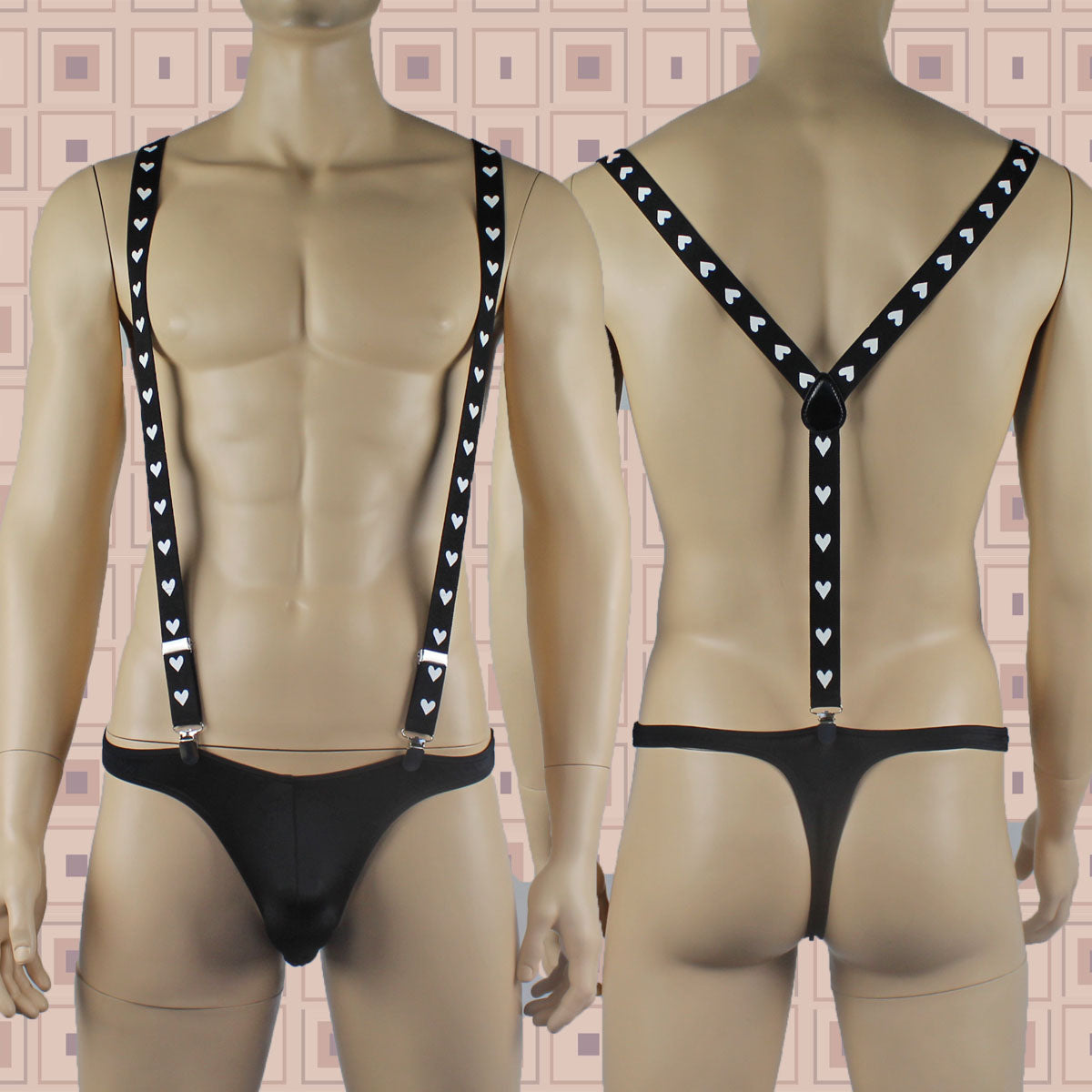 SALE - Stretch Elastic Clip on Suspender Braces Black & White Hearts