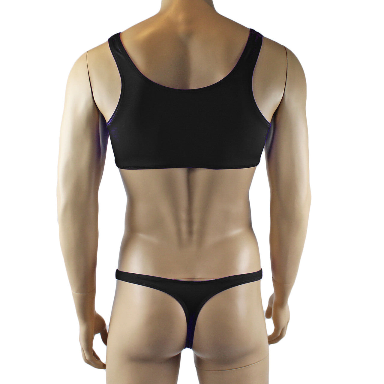 Male Stretch Lycra Bra Top & Matching Thong with Bow (black plus other colours)