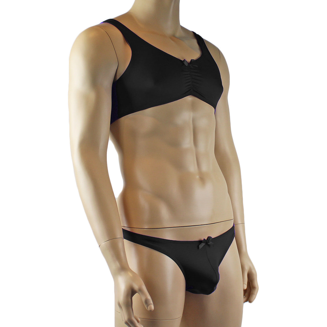 Male Stretch Lycra Bra Top & Matching Thong with Bow (black plus other colours)