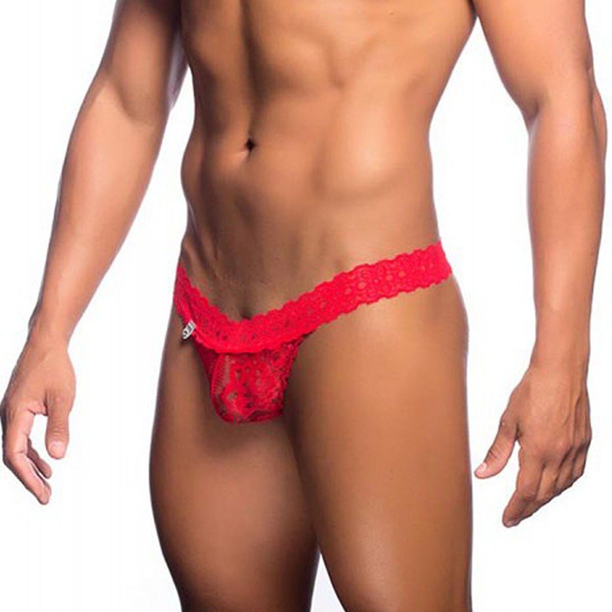 Mens Stretch Lace Thong with Band Red
