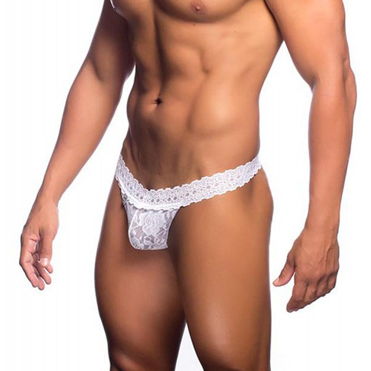 Mens Stretch Lace Thong with Band White