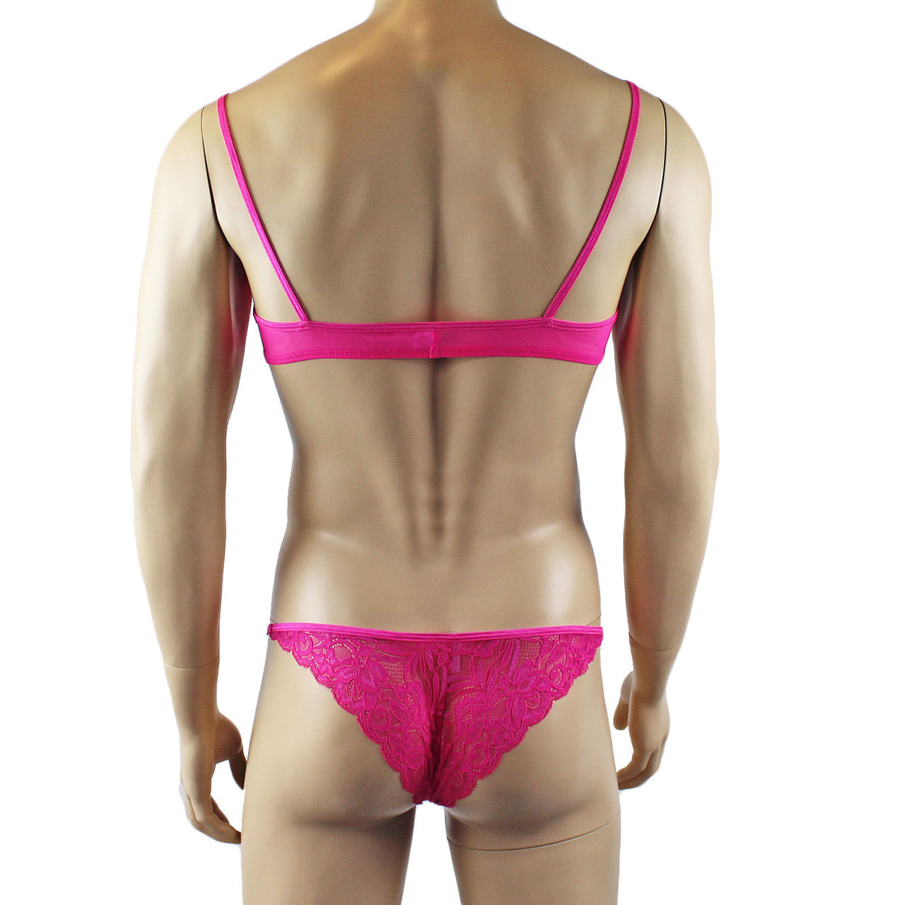 Mens Lace & Mesh Bra Top and Lace Bikini Panty (hot pink plus other colours)