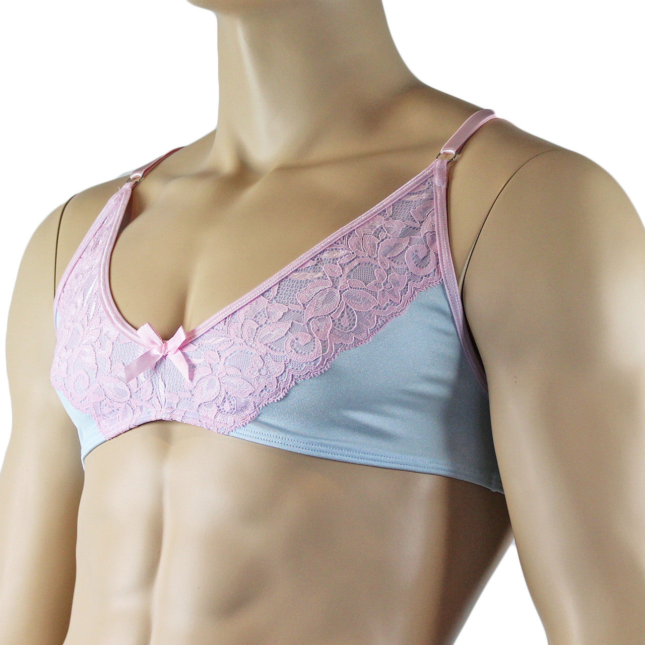 Mens Isabel Bra Top with Floral Lace Trim Male Lingerie (light blue and pink plus other colours)