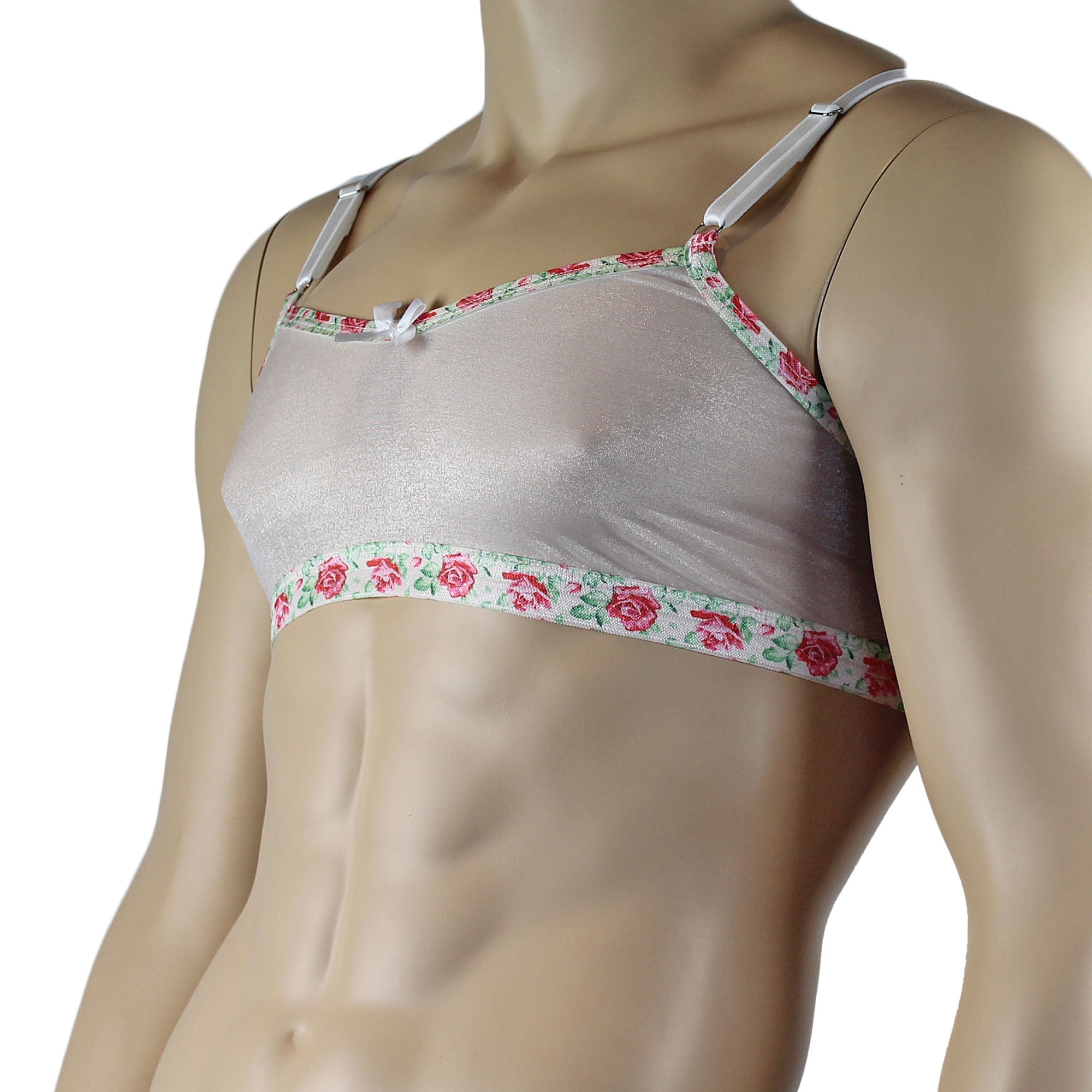 Mens Crystal Rose Sheer Stretch Glissenette Bra Top with Flower Trim White