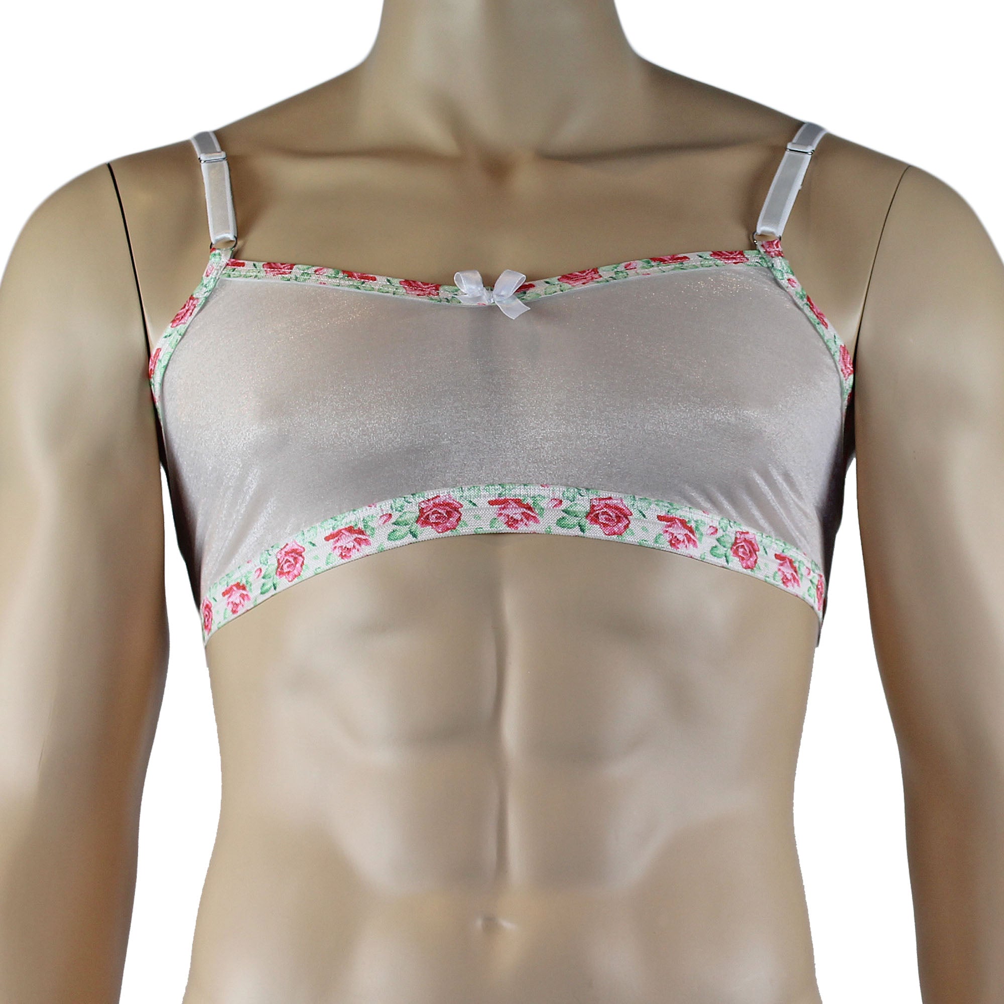 Mens Crystal Rose Sheer Stretch Glissenette Bra Top with Flower Trim White