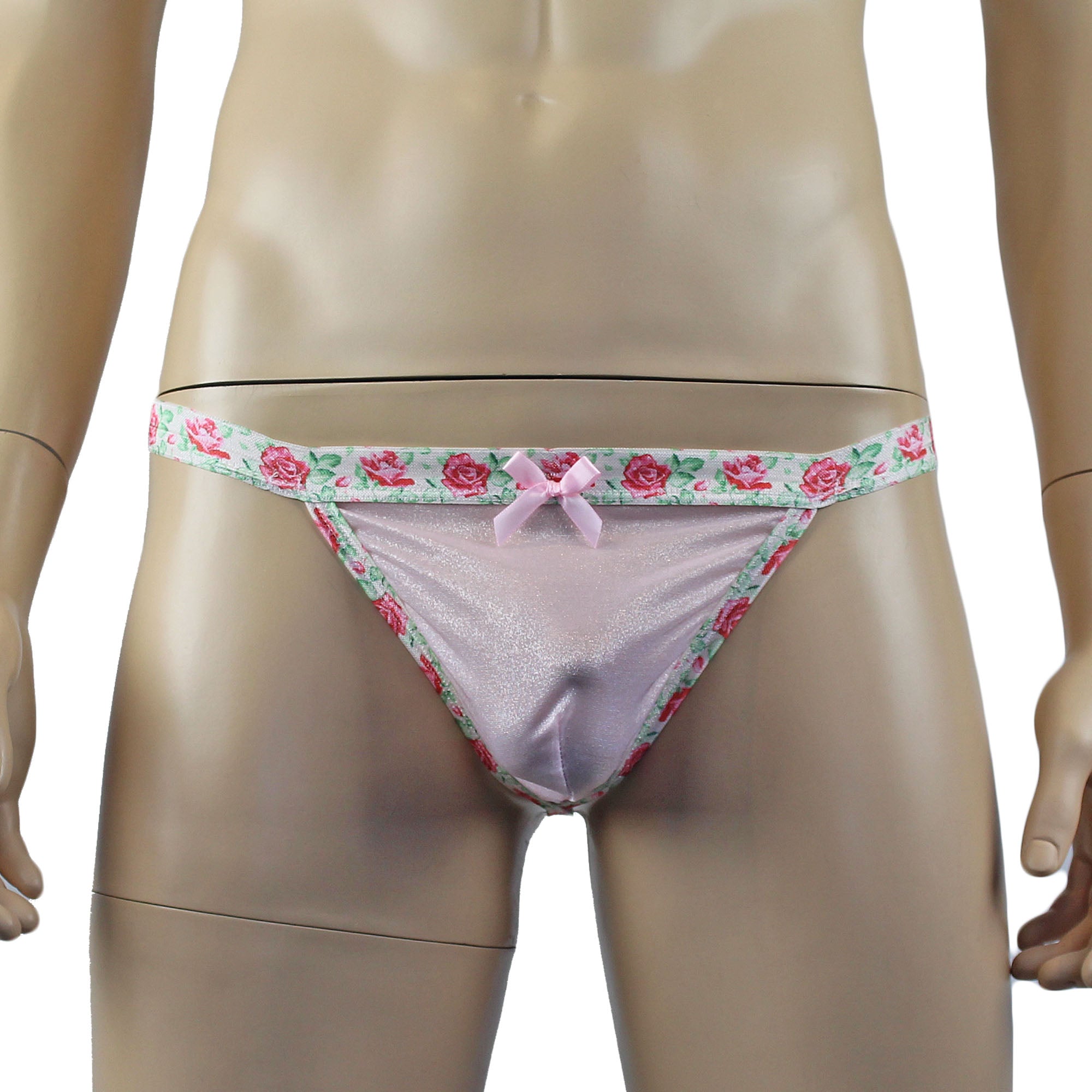 Mens Crystal Rose Sheer Stretch Glissenette G string with Flower Trim Pink