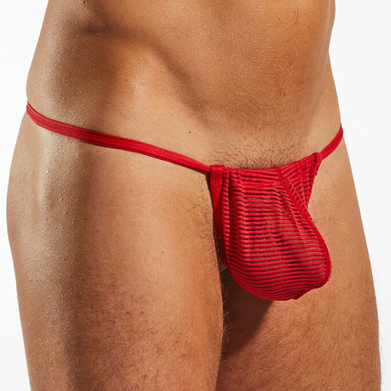 Mens Cocksox Sheer Multi Striped Slingshot Pouch G string Cupid Red