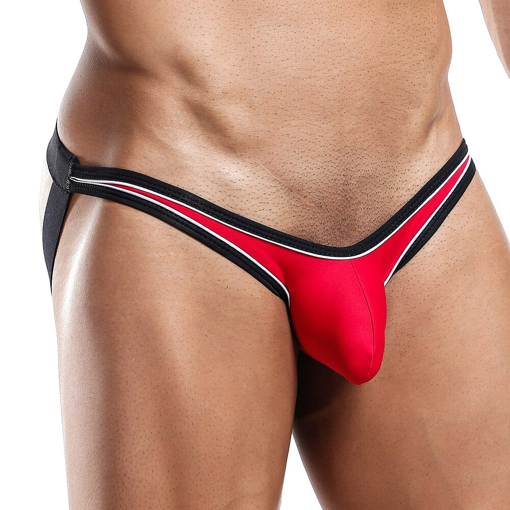 Mens Daddy Underwear Jockstrap with Metal Rings Red and Black