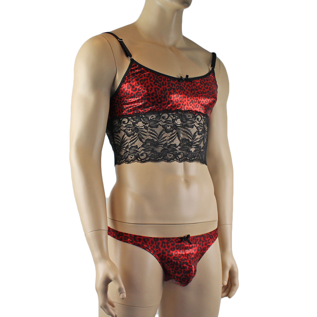 Mens Dazzle Animal Leopard Print Bra Top Camisole and Thong Set Red