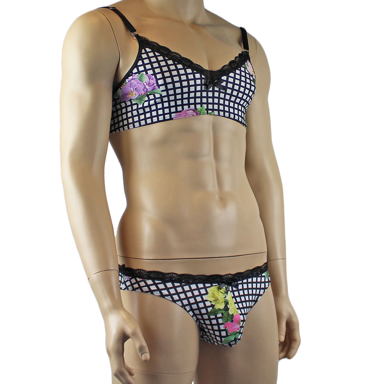 Mens Diana Bra Top & Brief in a Pretty Flower Checkered Print Spandex