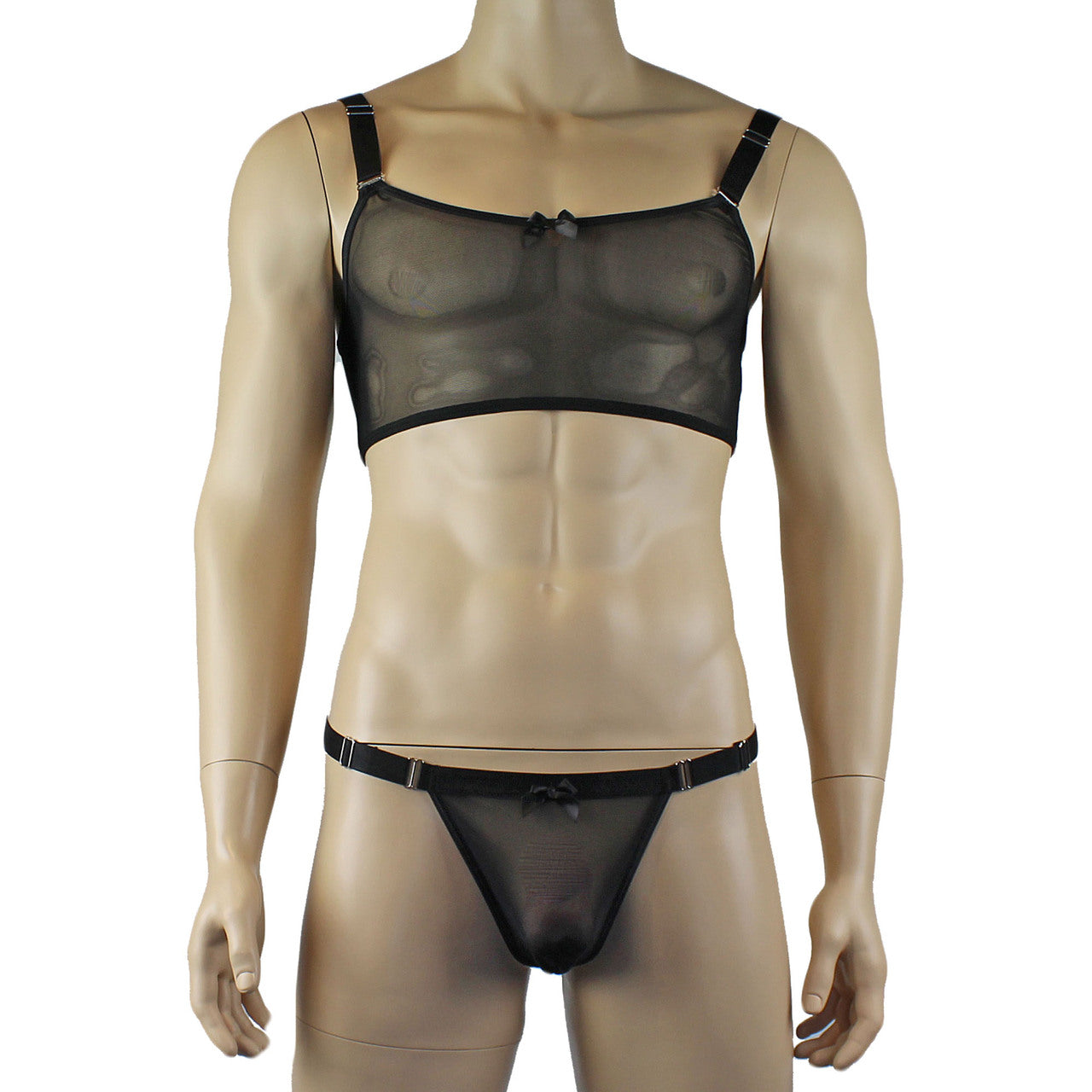 Mens Exotic Sheer Mesh Crop Bra Top Camisole & G string - Sizes up to 3XL (black plus other colours)