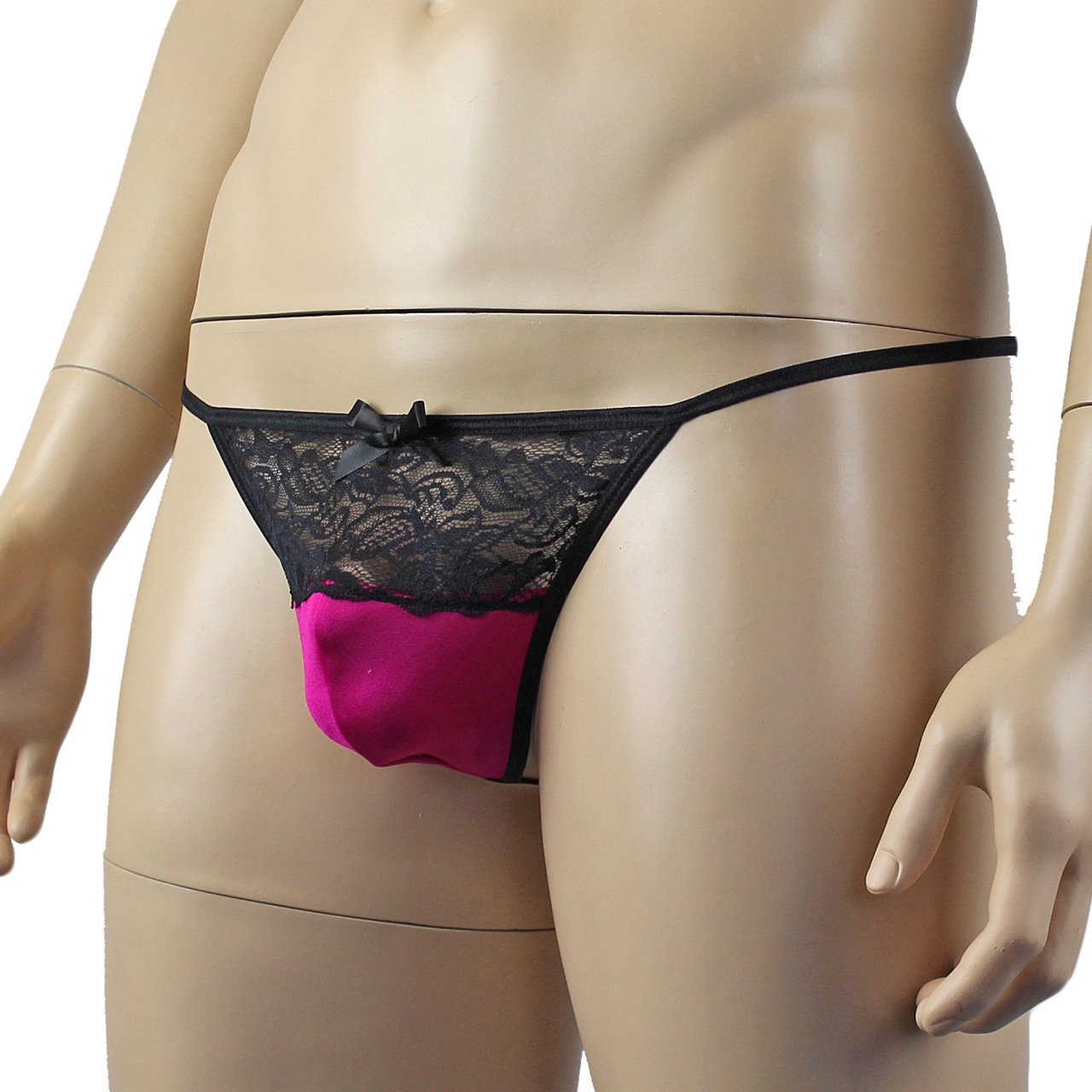 Mens Glamour Spandex and Lace Pouch G string (raspberry & black plus other colours)