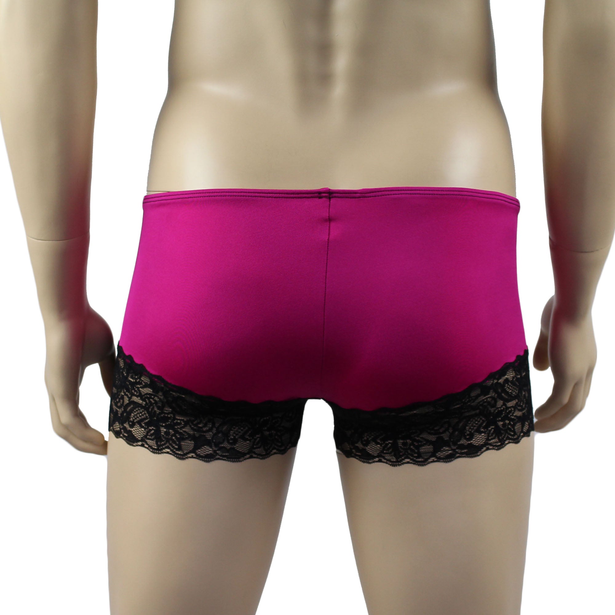 Mens Glamour Spandex Lace Boxer Brief Shorts Raspberry & Black