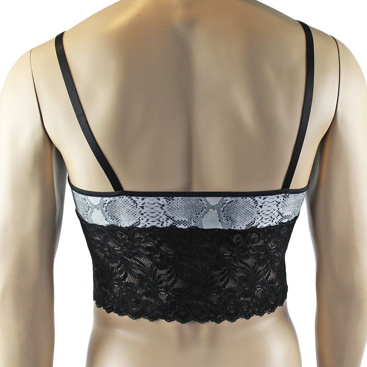 Mens Bra Top Camisole and Thong in Grey Snake Print & Black Lace
