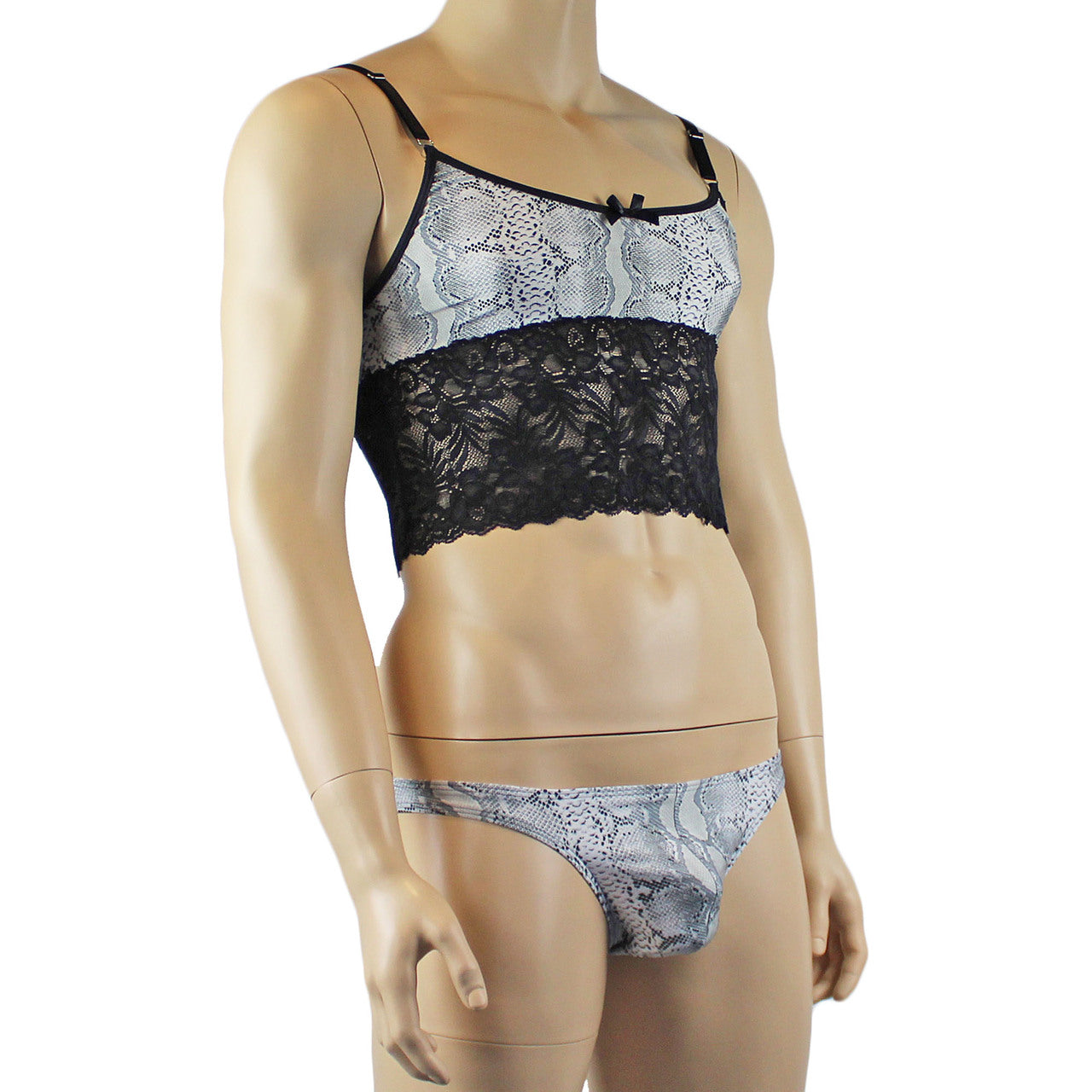 Mens Bra Top Camisole and Brief in Grey Snake Print & Black Lace