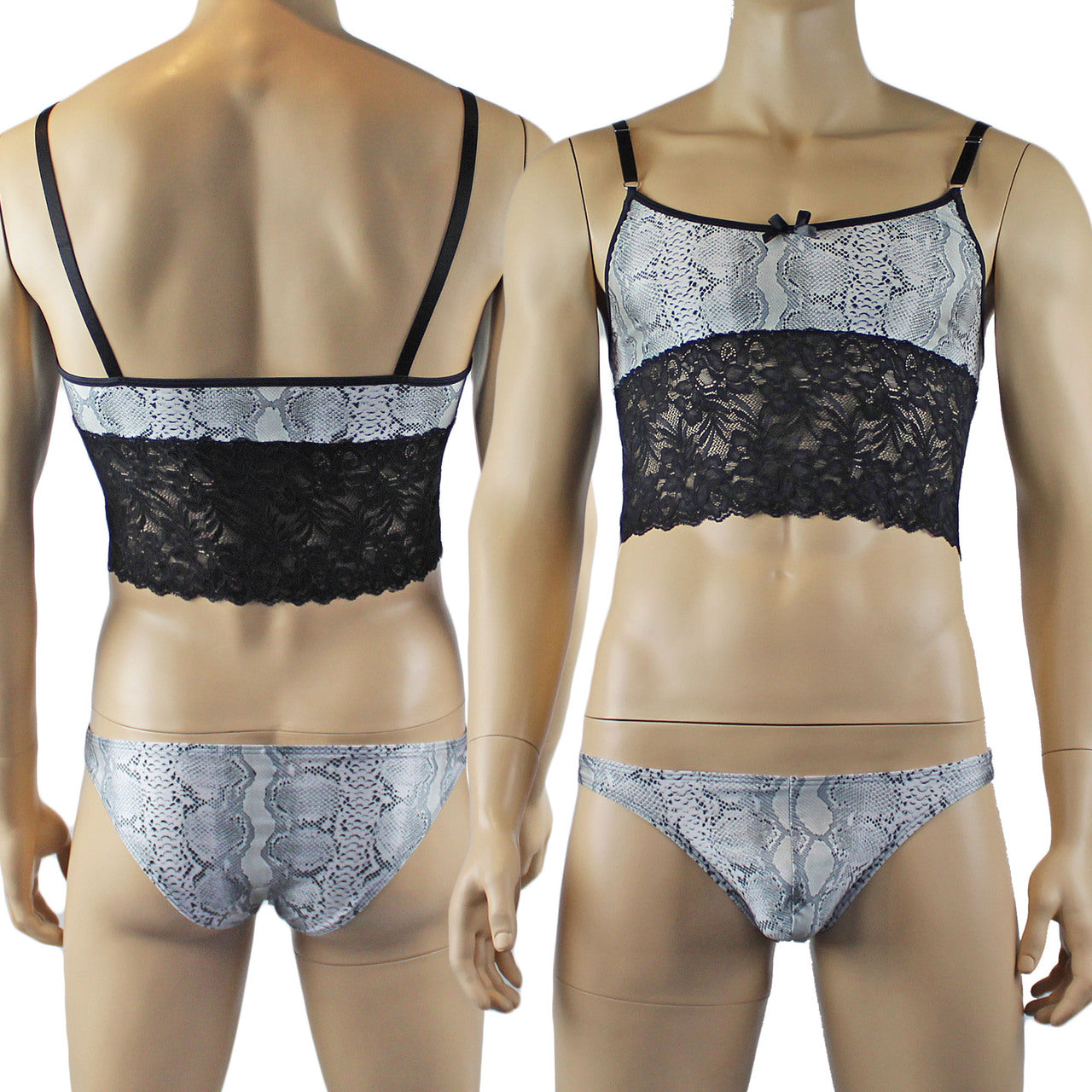 Mens Bra Top Camisole and Brief in Grey Snake Print & Black Lace