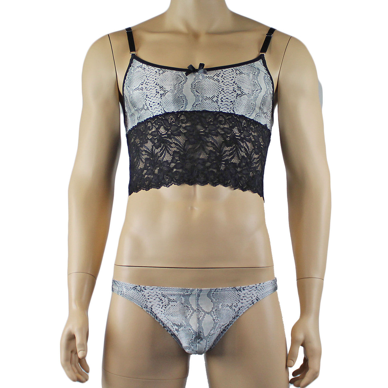 Mens Bra Top Camisole and Brief in Grey Snake Print & Black Lace