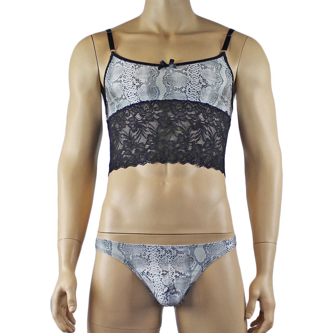 Mens Grey Snake Print & Black Lace Mens Bra Top Camisole, Thong, Garter & Stockings