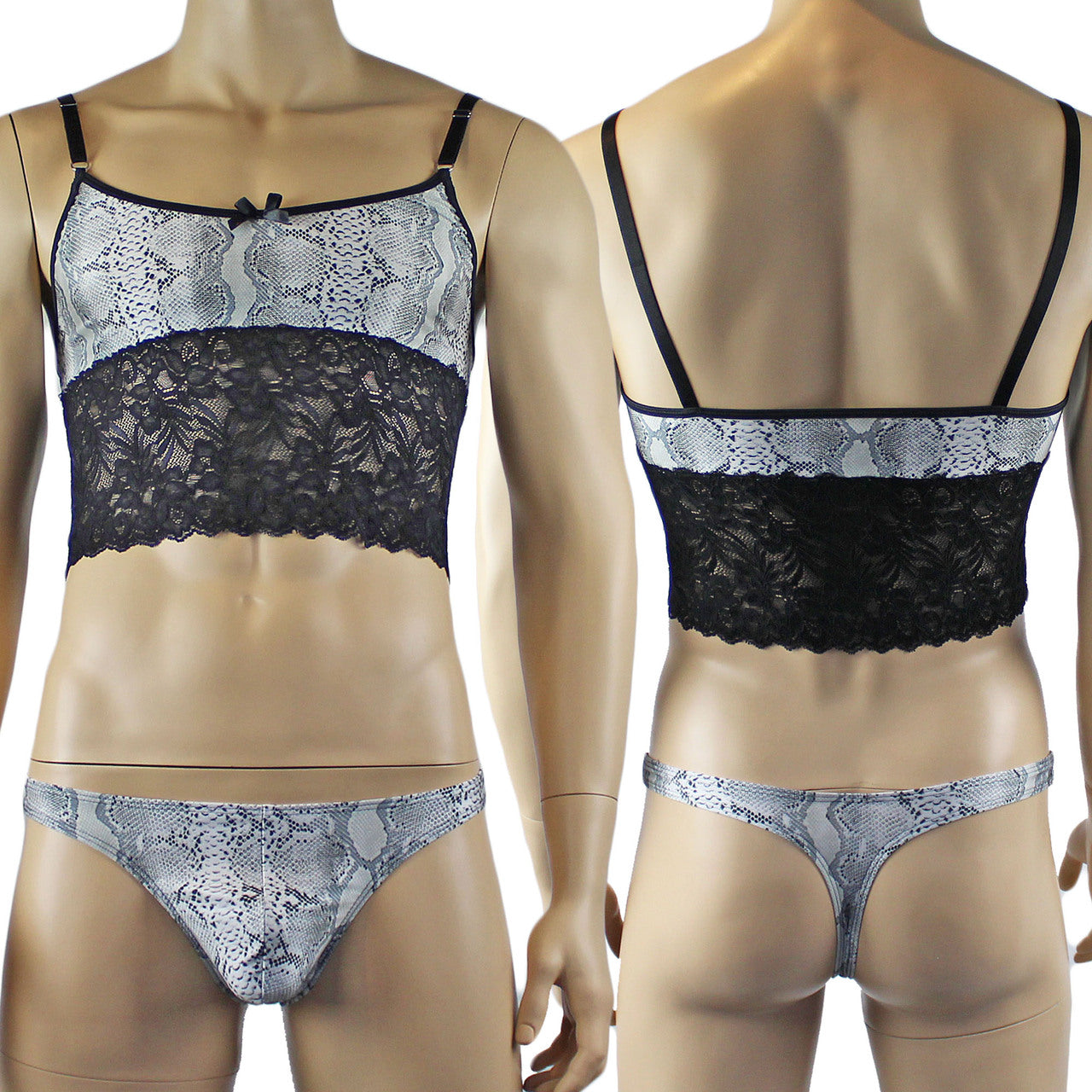 Mens Bra Top Camisole and Thong in Grey Snake Print & Black Lace