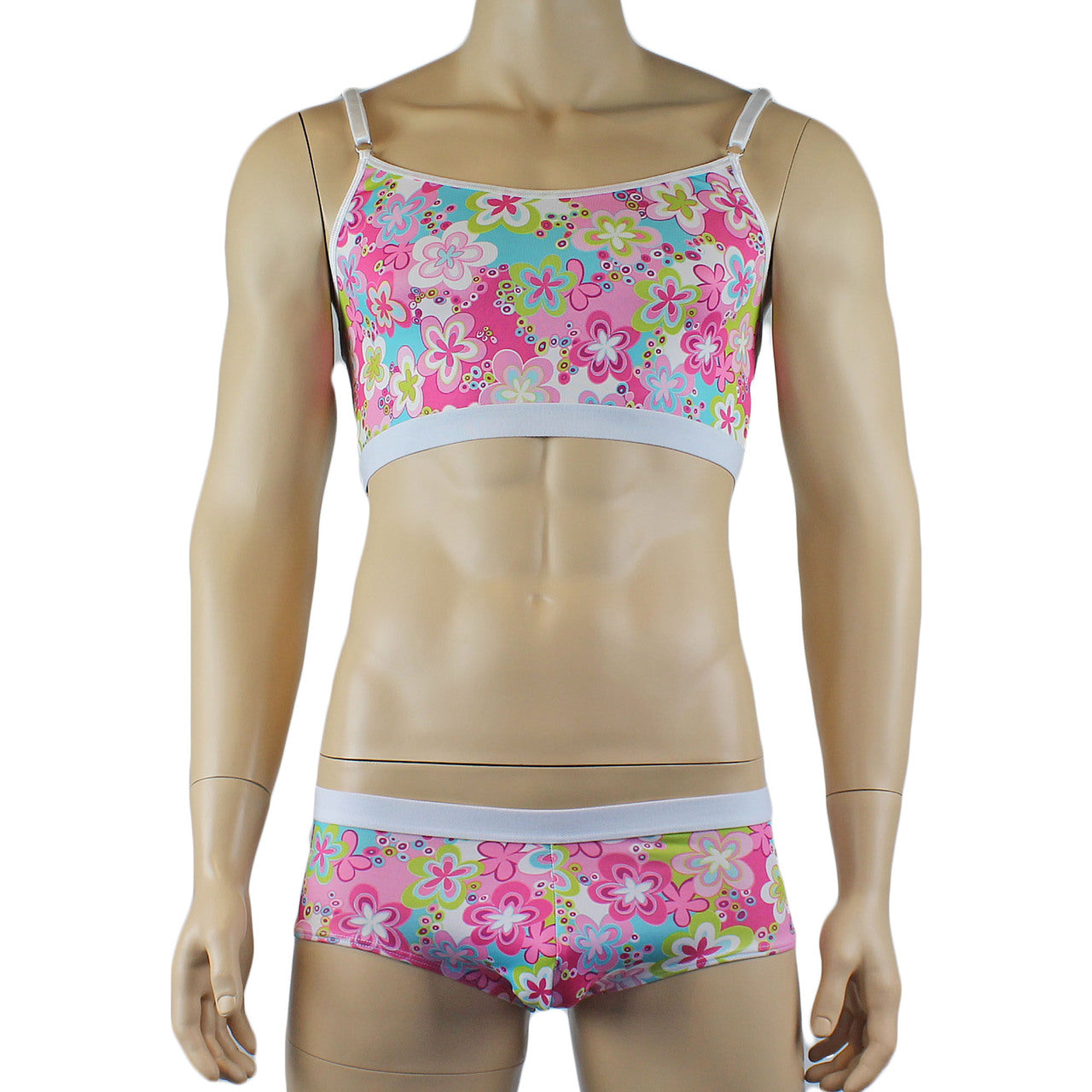 Male Hippie Flower Print Crop Top Camisole and Boxer Briefs