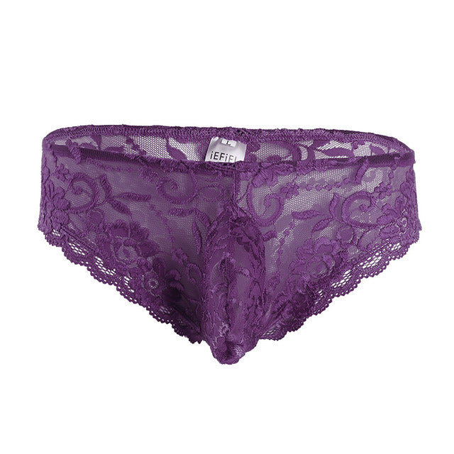 Mens Sissy Stretch Lace Briefs with Pouch Front Purple