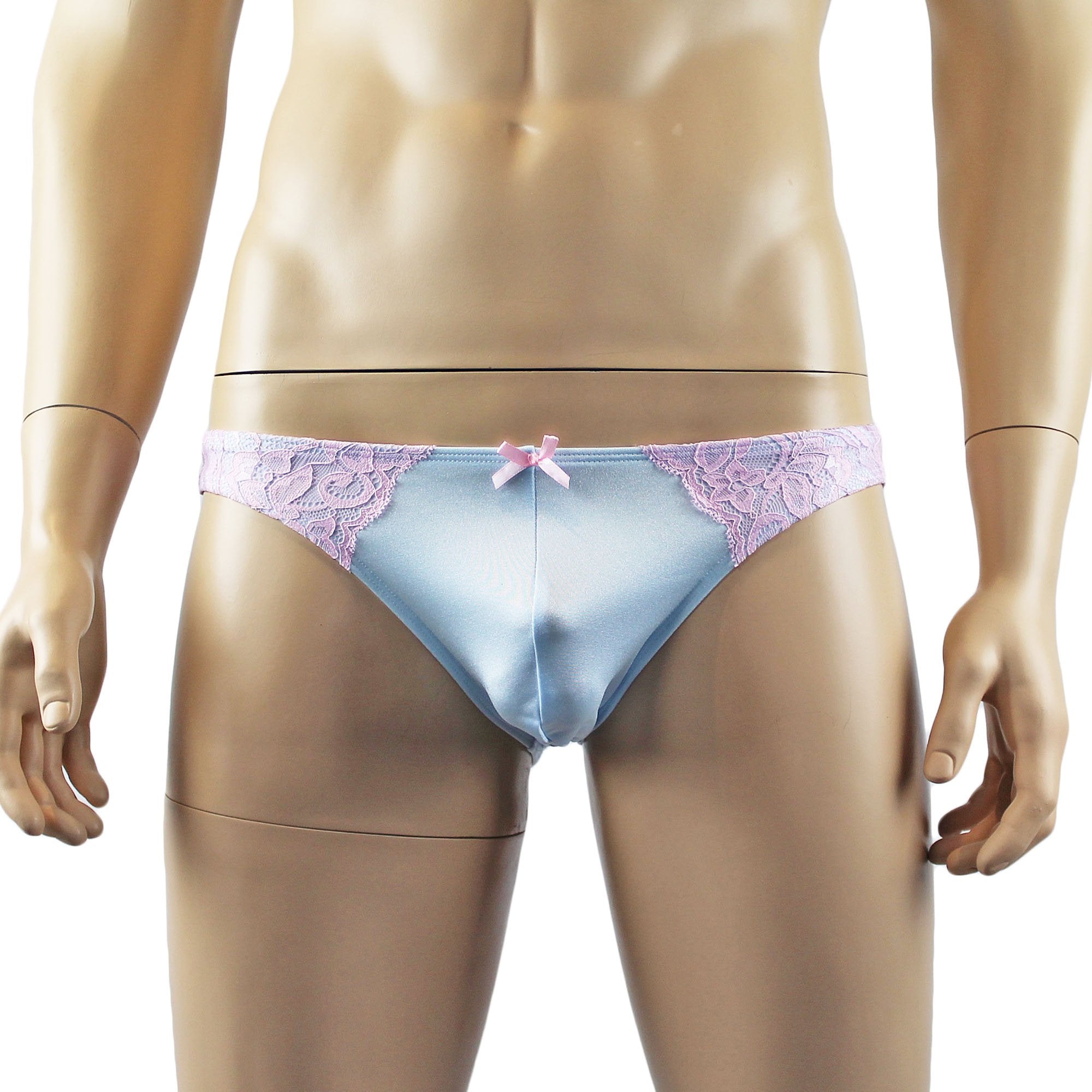 Mens Isabel Panty Stretch Spandex & Lace Bikini Brief with Sexy Back Light Blue and Pink Lace