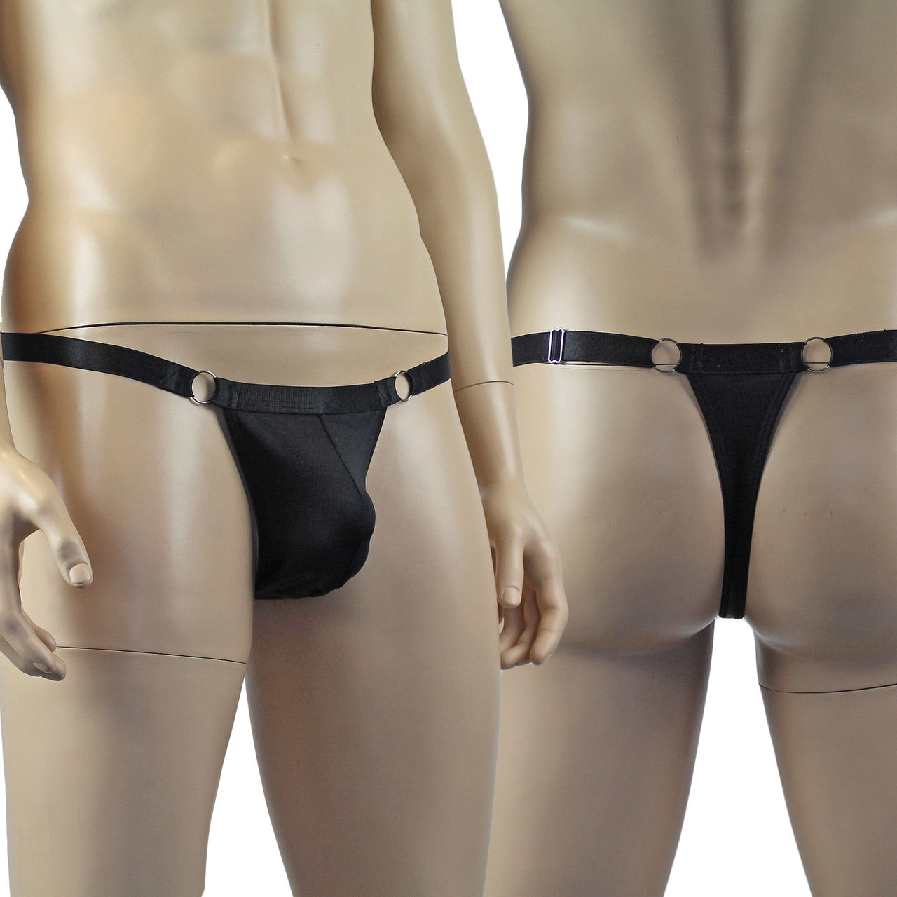 Male Spandex Thong with Ring Sides and Adjustable Strap Black